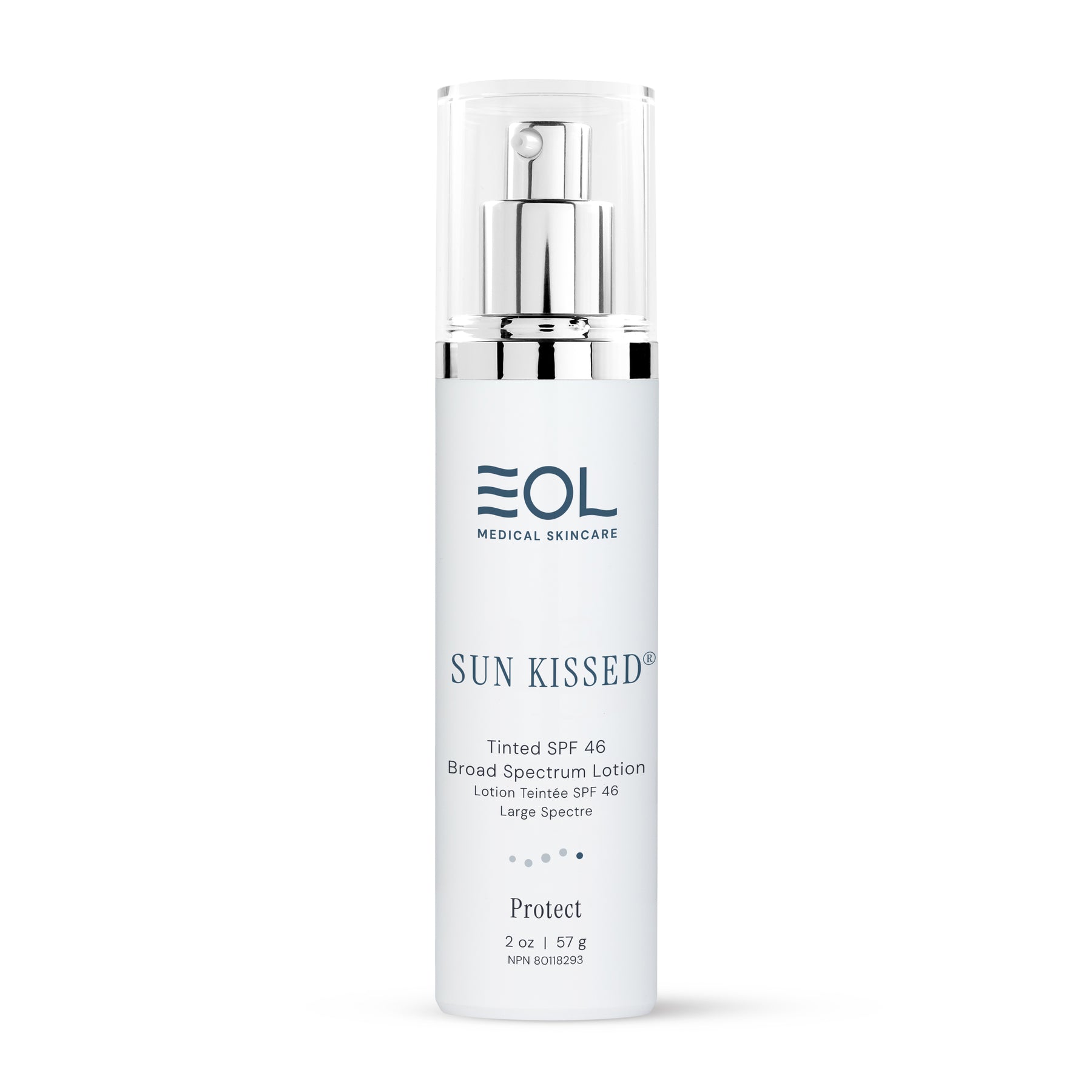 Bottle of tinted SPF 46 sunscreen lotion with a silver pump dispenser.