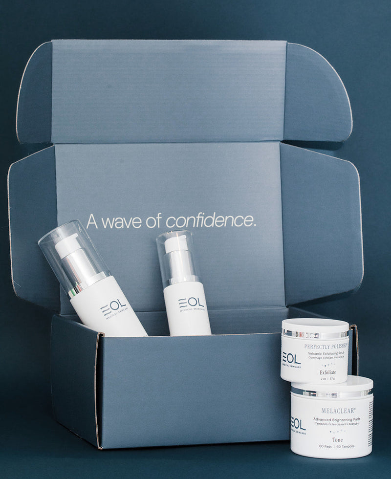 Cosmetic products with a branded box on a dark blue background